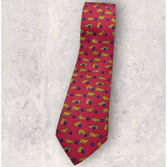 HERMÈS 7379 PA Silk Tie FRANCE Red Puppy Ball W:3.4" EUC - Picture 1 of 6